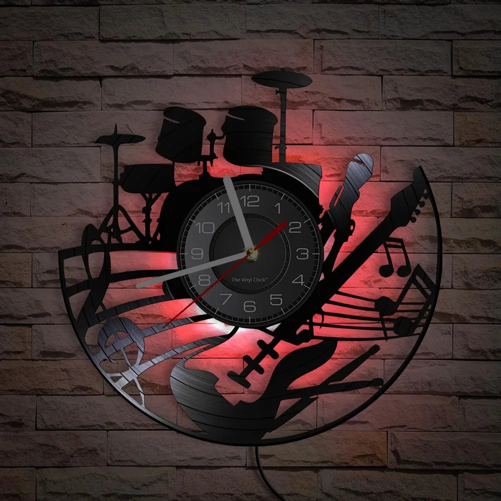 Guitar and Drum Kits Wall Clock Guitar Player Music Vinyl Record Clock Rock Music Instrument Guitar Wall Art Rock n Rock Gift