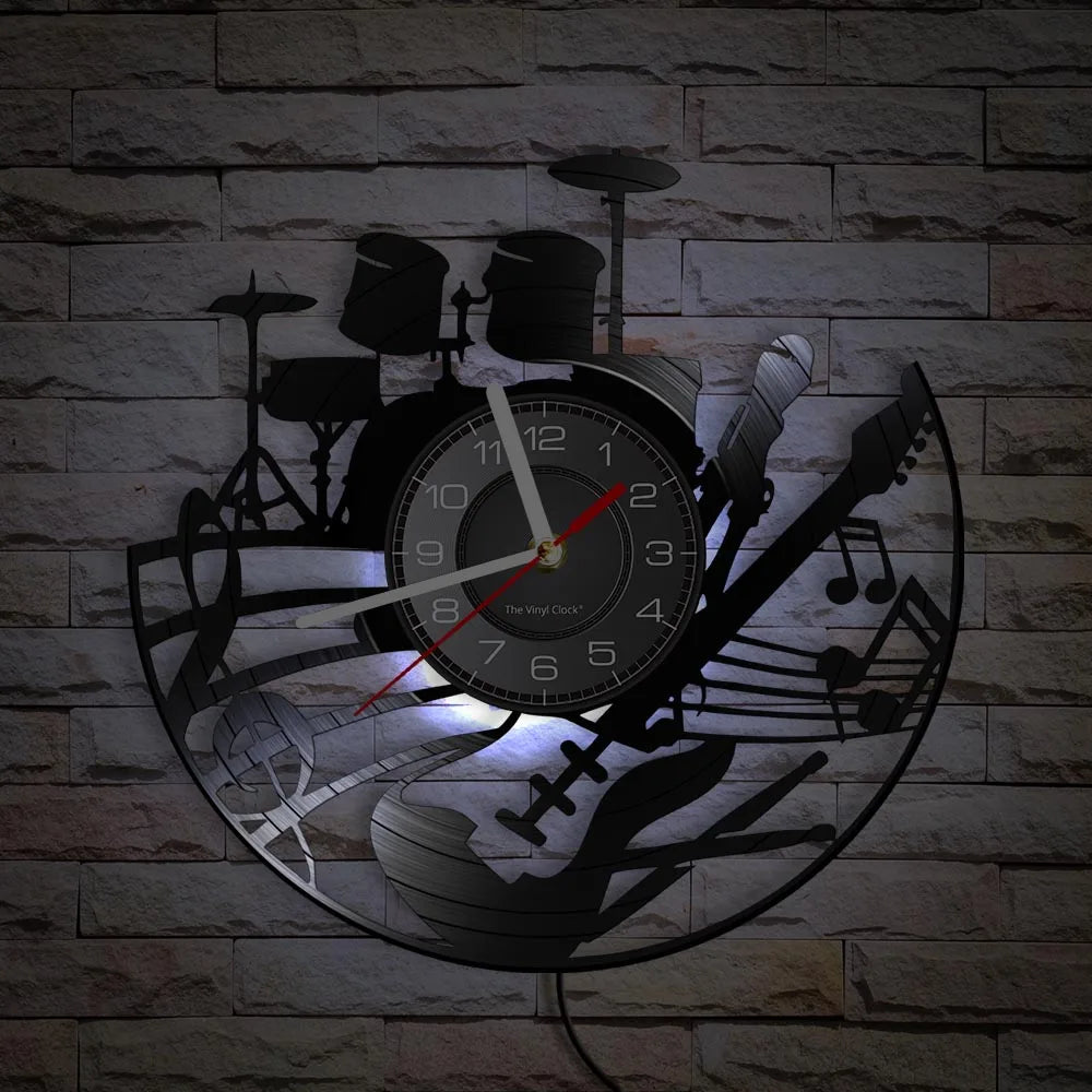 Guitar and Drum Kits Wall Clock Guitar Player Music Vinyl Record Clock Rock Music Instrument Guitar Wall Art Rock n Rock Gift