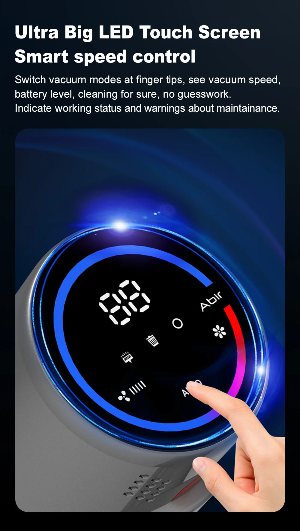 ABIR VC205 Cordless Handheld Vacuum Cleaner ,27000PA,Smart Dust Detction, Big Touch Screen,WithSmart Vacuum for Pet Home