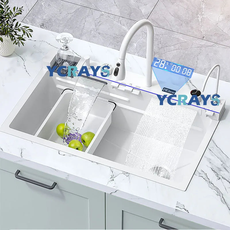 YCRAYS Gold Waterfall Multifunctional Kitchen Sink Large Single Slot Integrated Digital Display Faucet Soap Dispenser Cup Washer
