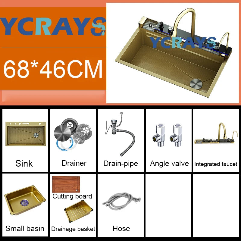 YCRAYS Gold Waterfall Multifunctional Kitchen Sink Large Single Slot Integrated Digital Display Faucet Soap Dispenser Cup Washer